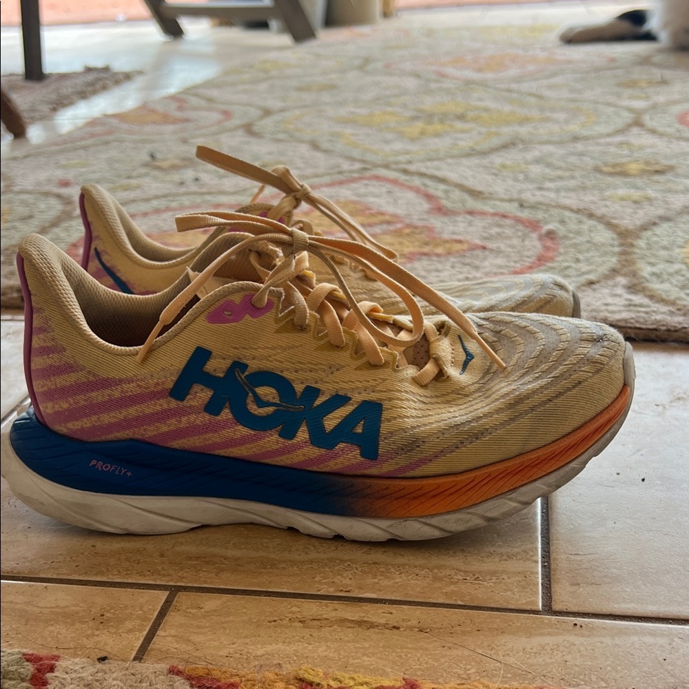Hoka Tan and Blue Athletic Shoes